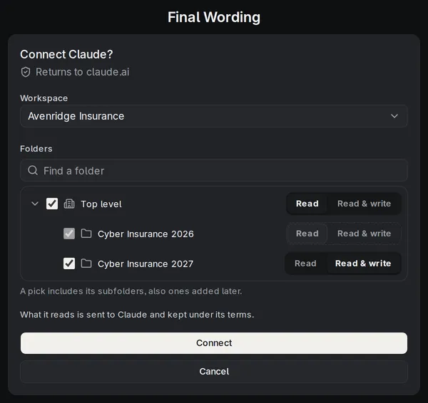 The connect page for Claude: the top level picked at Read, the folder Cyber Insurance 2027 at Read & write, and Cyber Insurance 2026 included at Read by the pick above it.