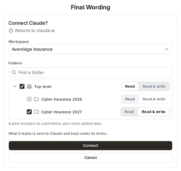 The connect page for Claude: the top level picked at Read, the folder Cyber Insurance 2027 at Read & write, and Cyber Insurance 2026 included at Read by the pick above it.