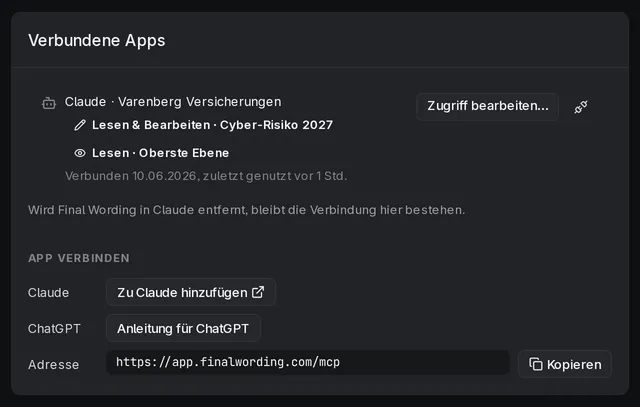 Die Karte Verbundene Apps im Profil: Claude im Arbeitsbereich Varenberg Versicherungen mit Lesen & Bearbeiten für Cyber-Risiko 2027 und Lesen auf der obersten Ebene, daneben Zugriff bearbeiten… und die Schaltfläche zum Trennen, darunter die Wege, eine App zu verbinden, mit der Adresse.