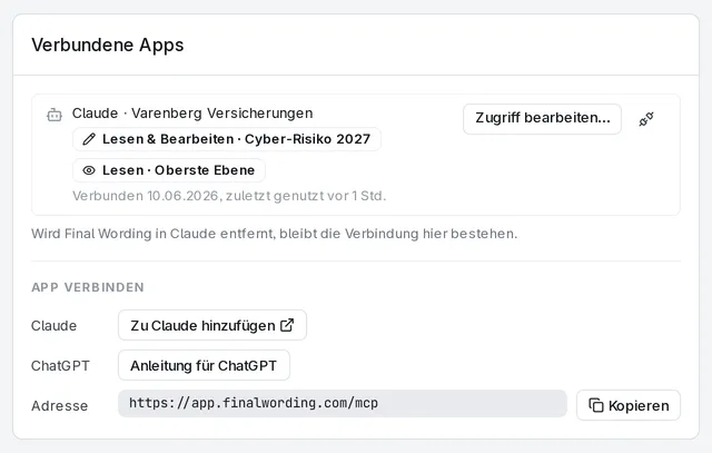 Die Karte Verbundene Apps im Profil: Claude im Arbeitsbereich Varenberg Versicherungen mit Lesen & Bearbeiten für Cyber-Risiko 2027 und Lesen auf der obersten Ebene, daneben Zugriff bearbeiten… und die Schaltfläche zum Trennen, darunter die Wege, eine App zu verbinden, mit der Adresse.