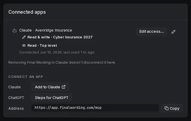 The Connected apps card on Profile: Claude in the workspace Avenridge Insurance with Read & write on Cyber Insurance 2027 and Read on the top level, Edit access… and the disconnect button beside it, and below, the ways to connect an app with the address.