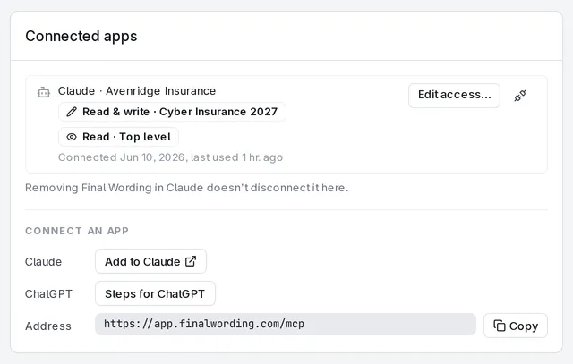 The Connected apps card on Profile: Claude in the workspace Avenridge Insurance with Read & write on Cyber Insurance 2027 and Read on the top level, Edit access… and the disconnect button beside it, and below, the ways to connect an app with the address.
