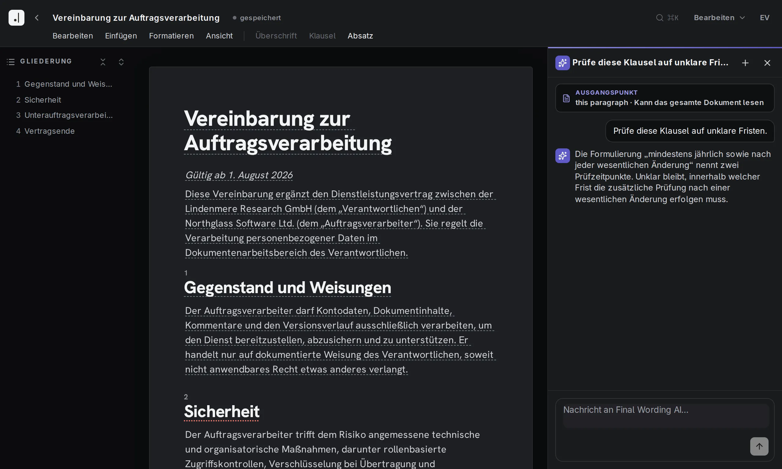 Editor von Final Wording mit geöffneter KI-Unterstützung für die Prüfung einer Klausel auf unklare Fristen.