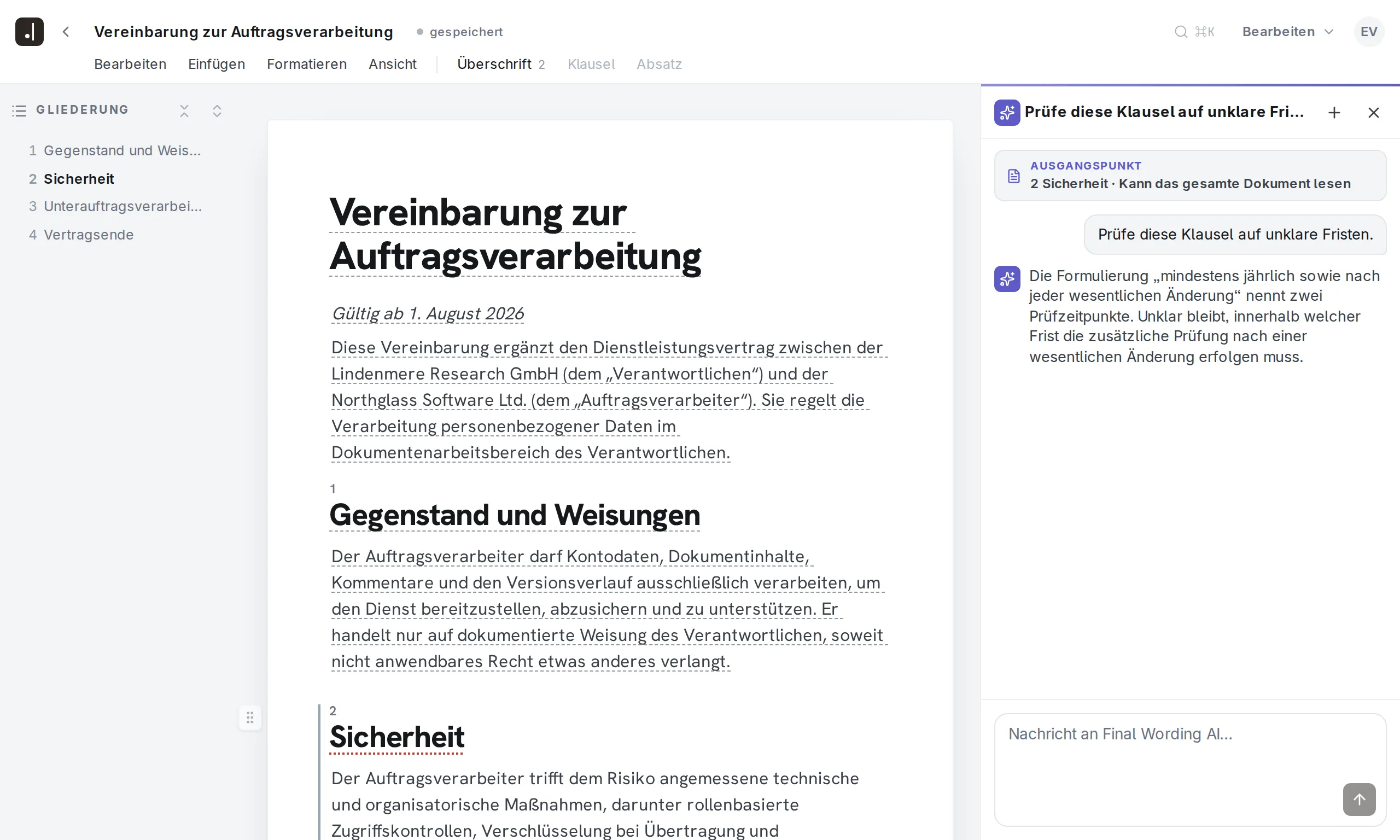 Editor von Final Wording mit geöffneter KI-Unterstützung für die Prüfung einer Klausel auf unklare Fristen.