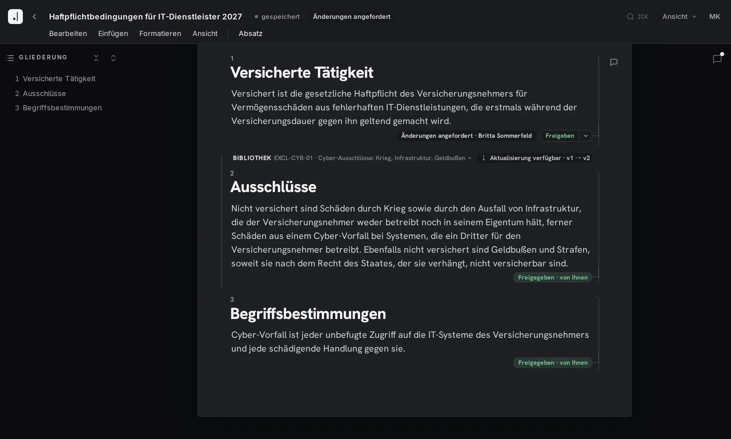 Editor von Final Wording mit den Haftpflichtbedingungen für IT-Dienstleister 2027 der Varenberg Versicherungen im Freigabeprozess. Neben der versicherten Tätigkeit stehen angeforderte Änderungen des Aktuariats, die Ausschlüsse und die Begriffsbestimmungen sind freigegeben.
