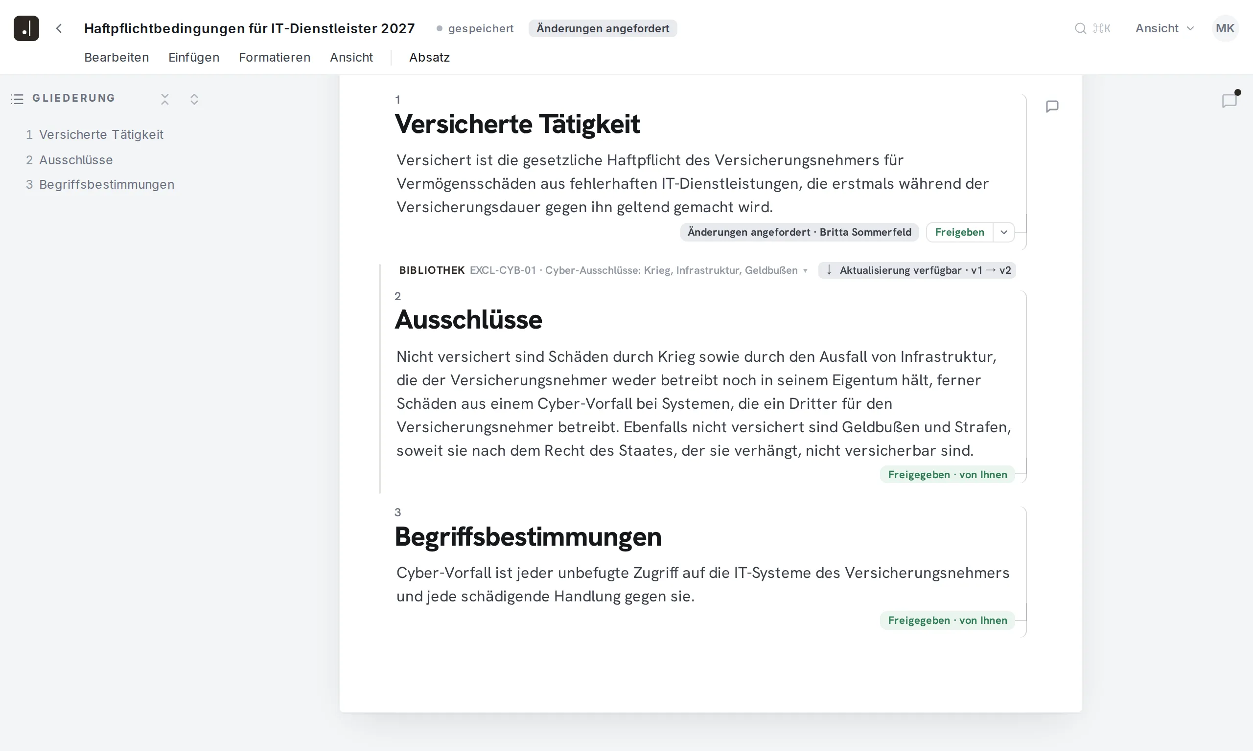 Editor von Final Wording mit den Haftpflichtbedingungen für IT-Dienstleister 2027 der Varenberg Versicherungen im Freigabeprozess. Neben der versicherten Tätigkeit stehen angeforderte Änderungen des Aktuariats, die Ausschlüsse und die Begriffsbestimmungen sind freigegeben.