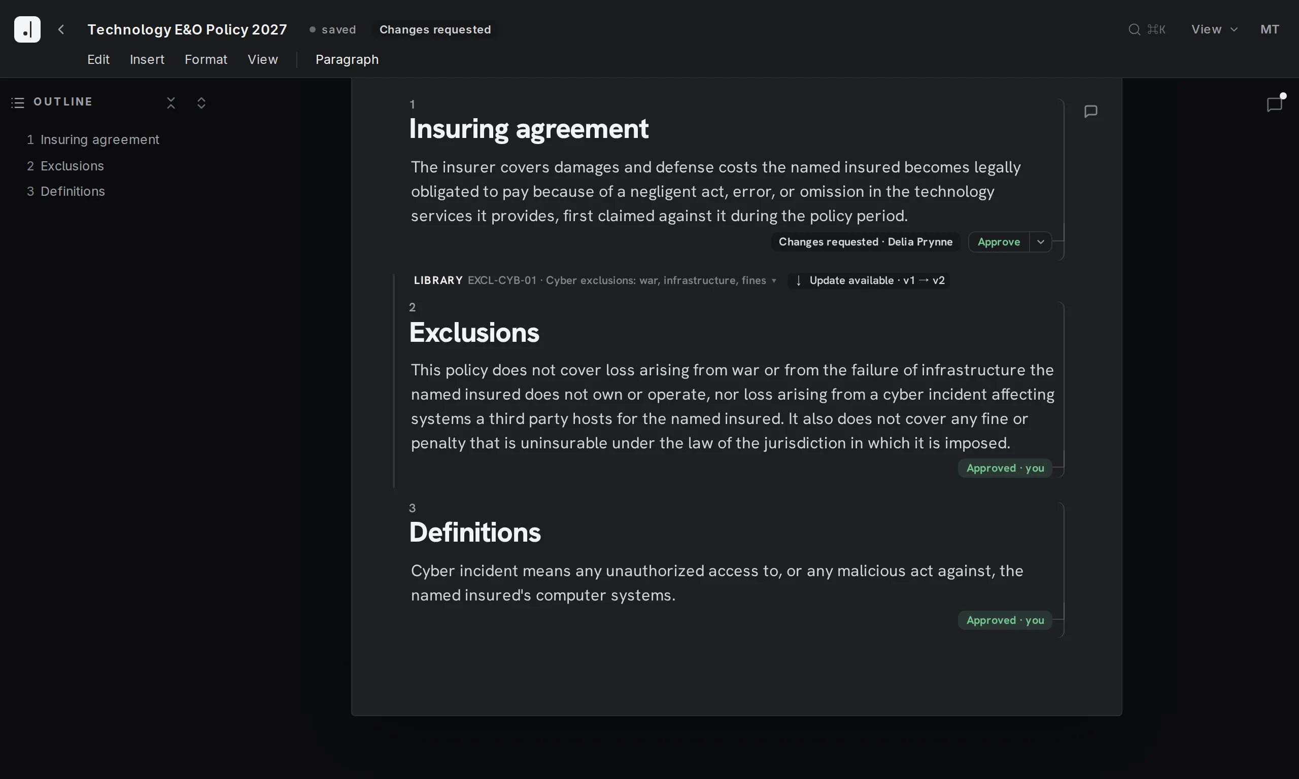 Final Wording under review · the policy with its own approval beside every section, changes requested on the first of them
