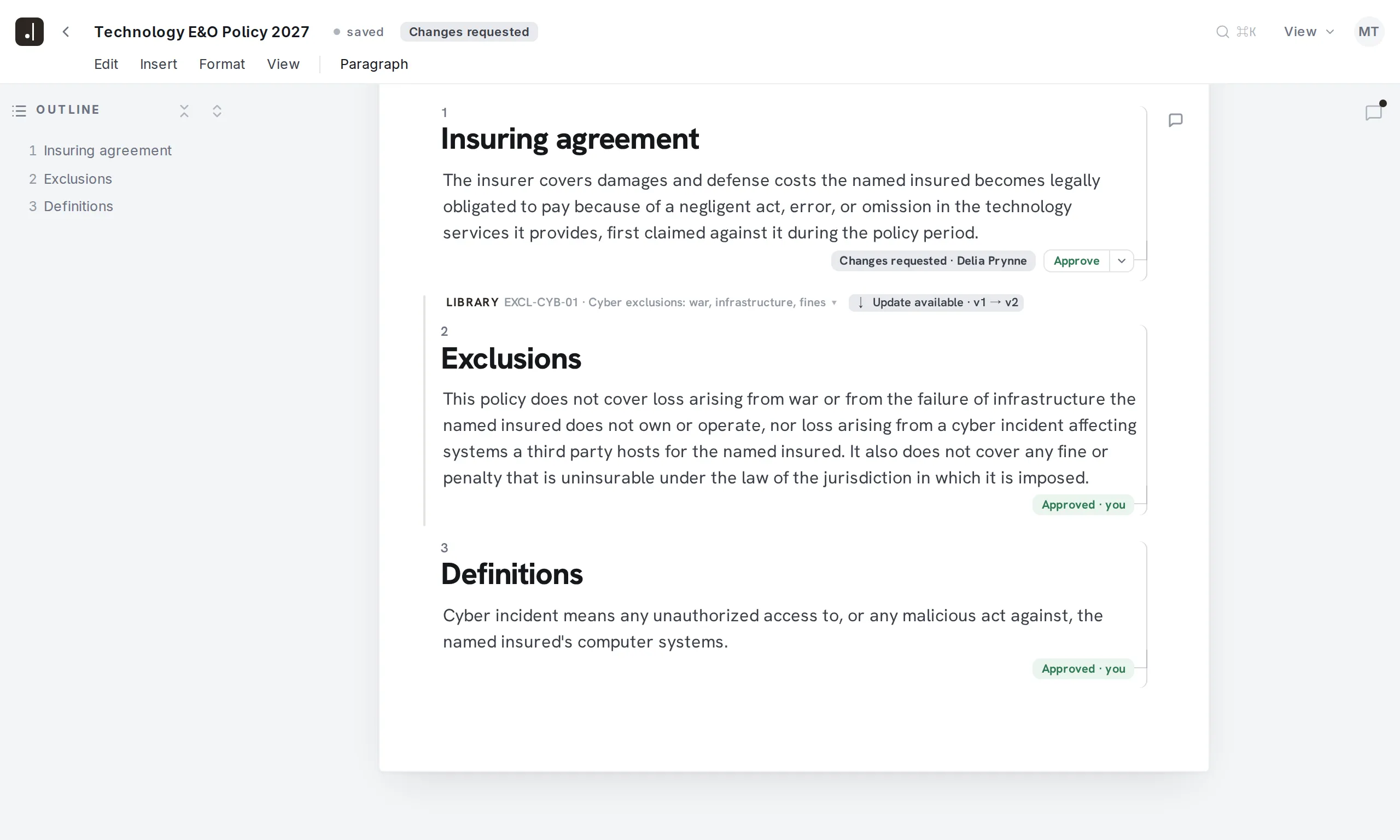 Final Wording under review · the policy with its own approval beside every section, changes requested on the first of them
