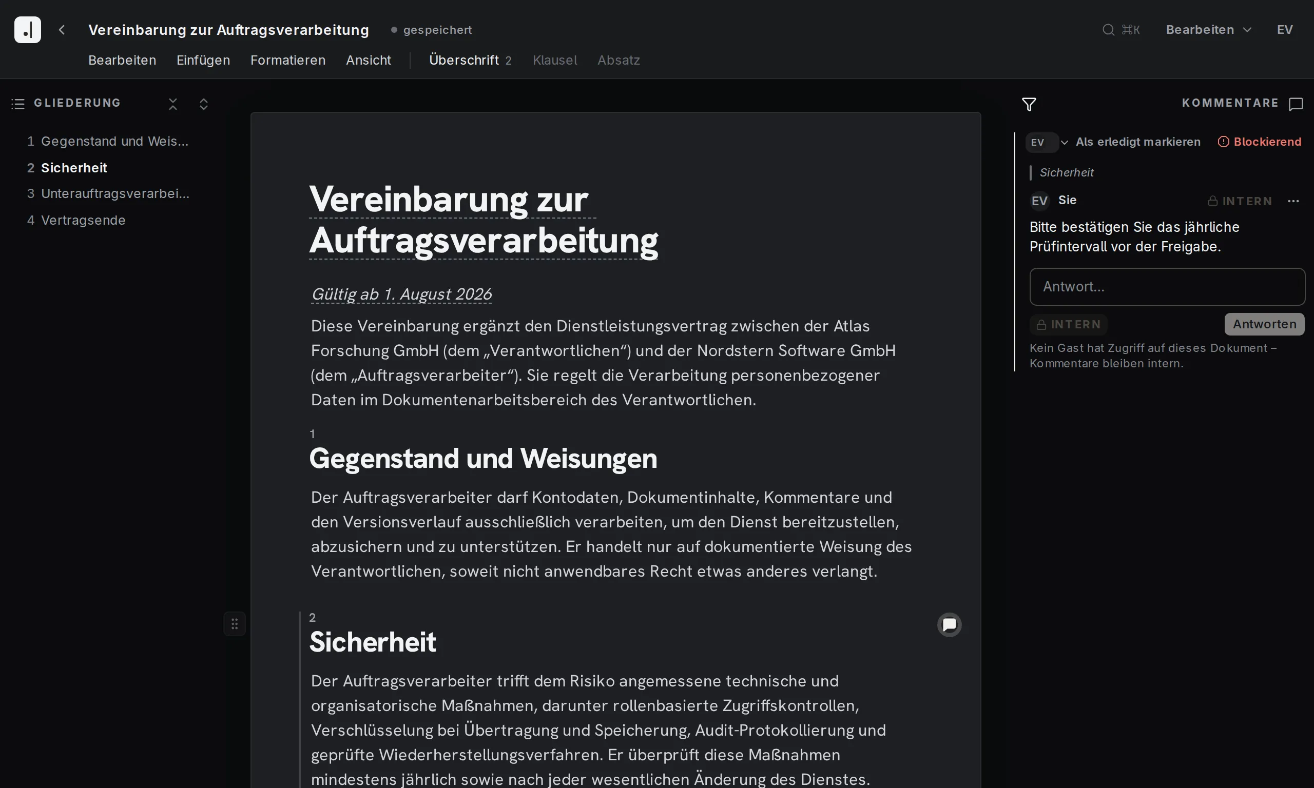 Final Wording Editor mit einem offenen Kommentar