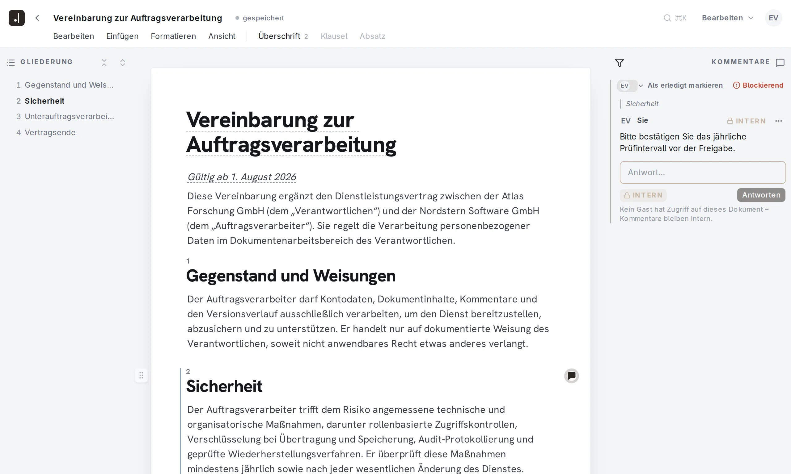 Final Wording Editor mit einem offenen Kommentar
