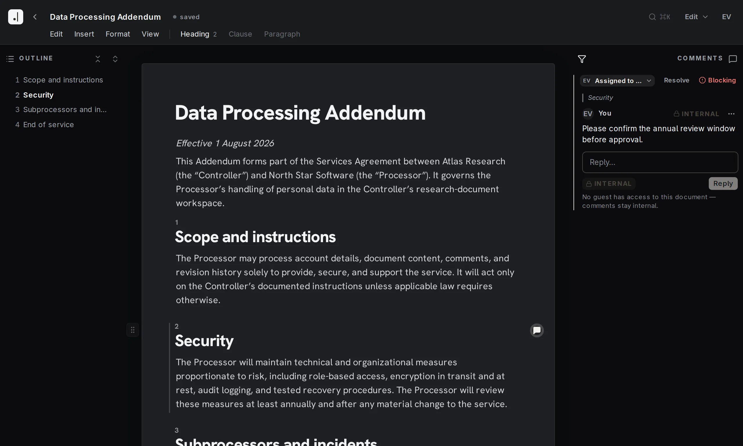 Final Wording editor · internal assigned blocking comment beside the Security section