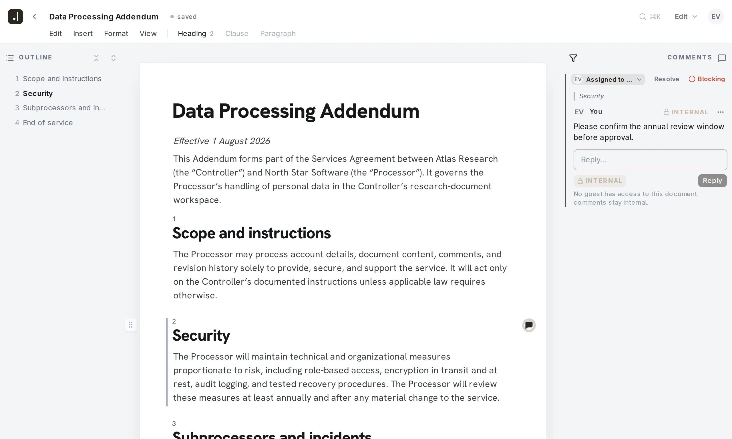 Final Wording editor · internal assigned blocking comment beside the Security section
