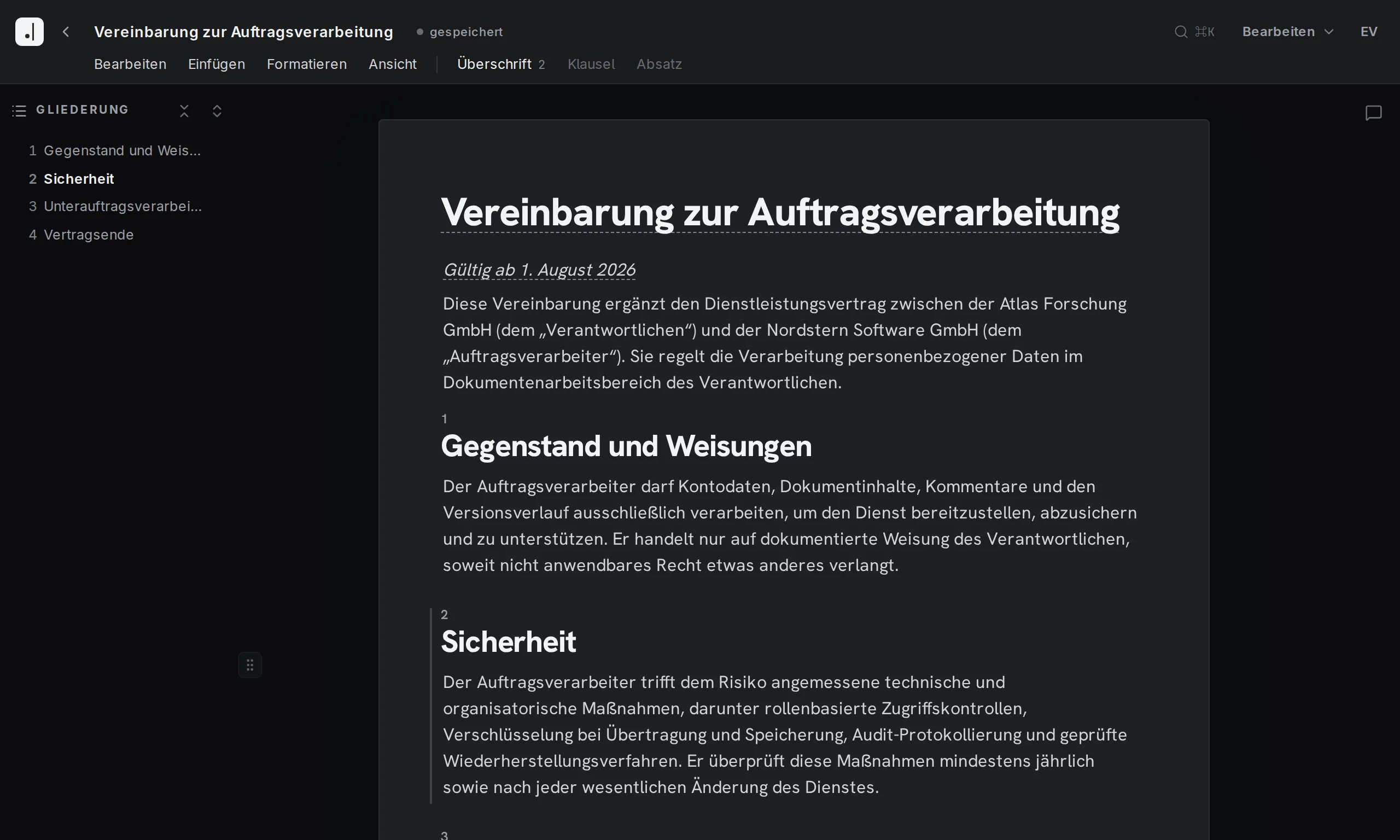 Final Wording Editor · Dokumenten-Gliederung und konfigurierte Nummerierung