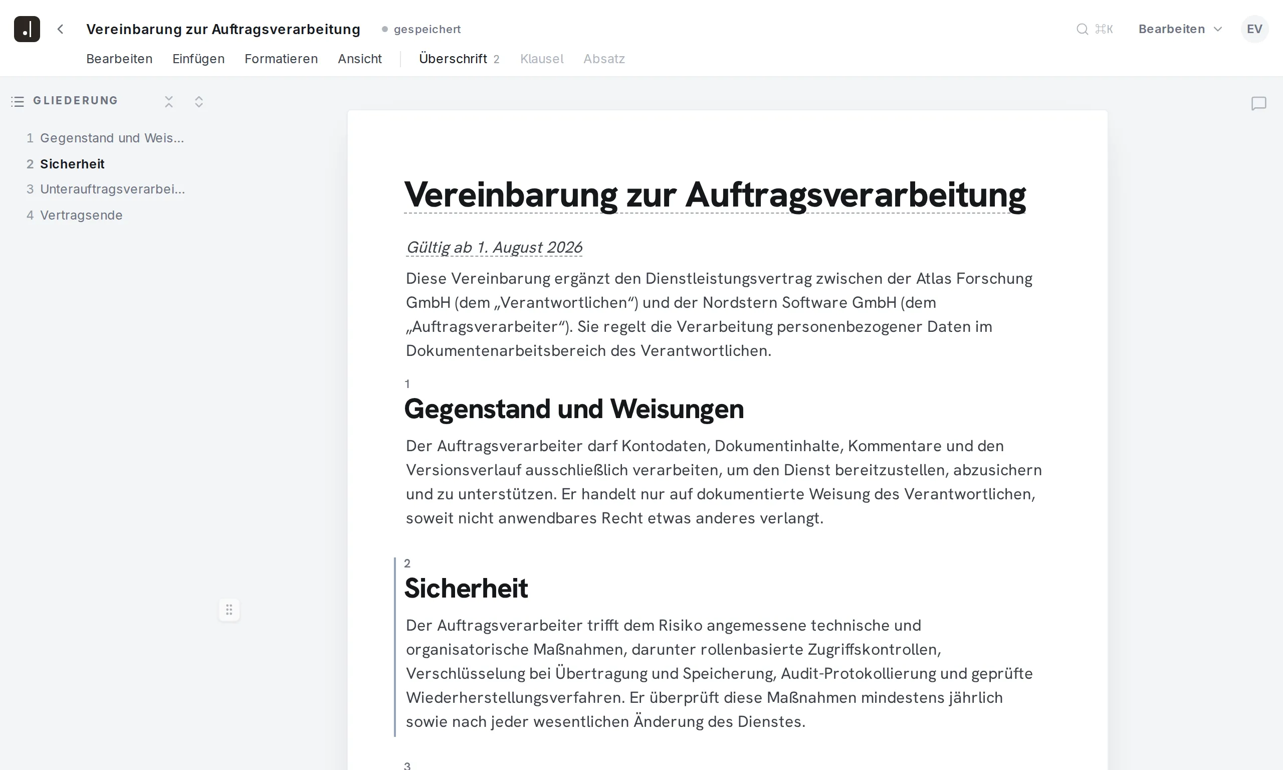 Final Wording Editor · Dokumenten-Gliederung und konfigurierte Nummerierung