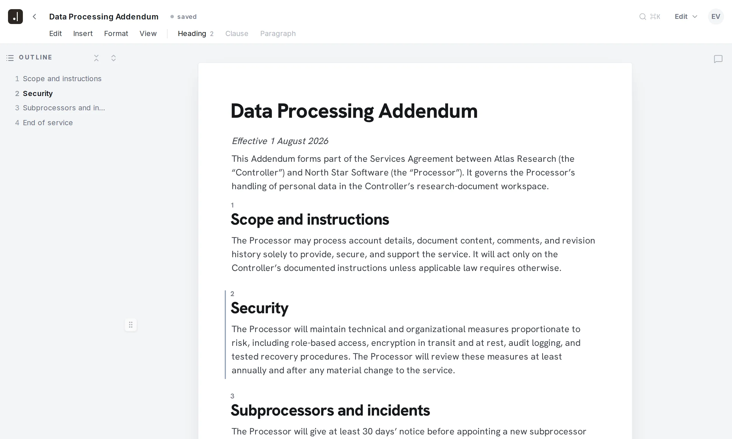 Final Wording editor · document outline and numbered sections