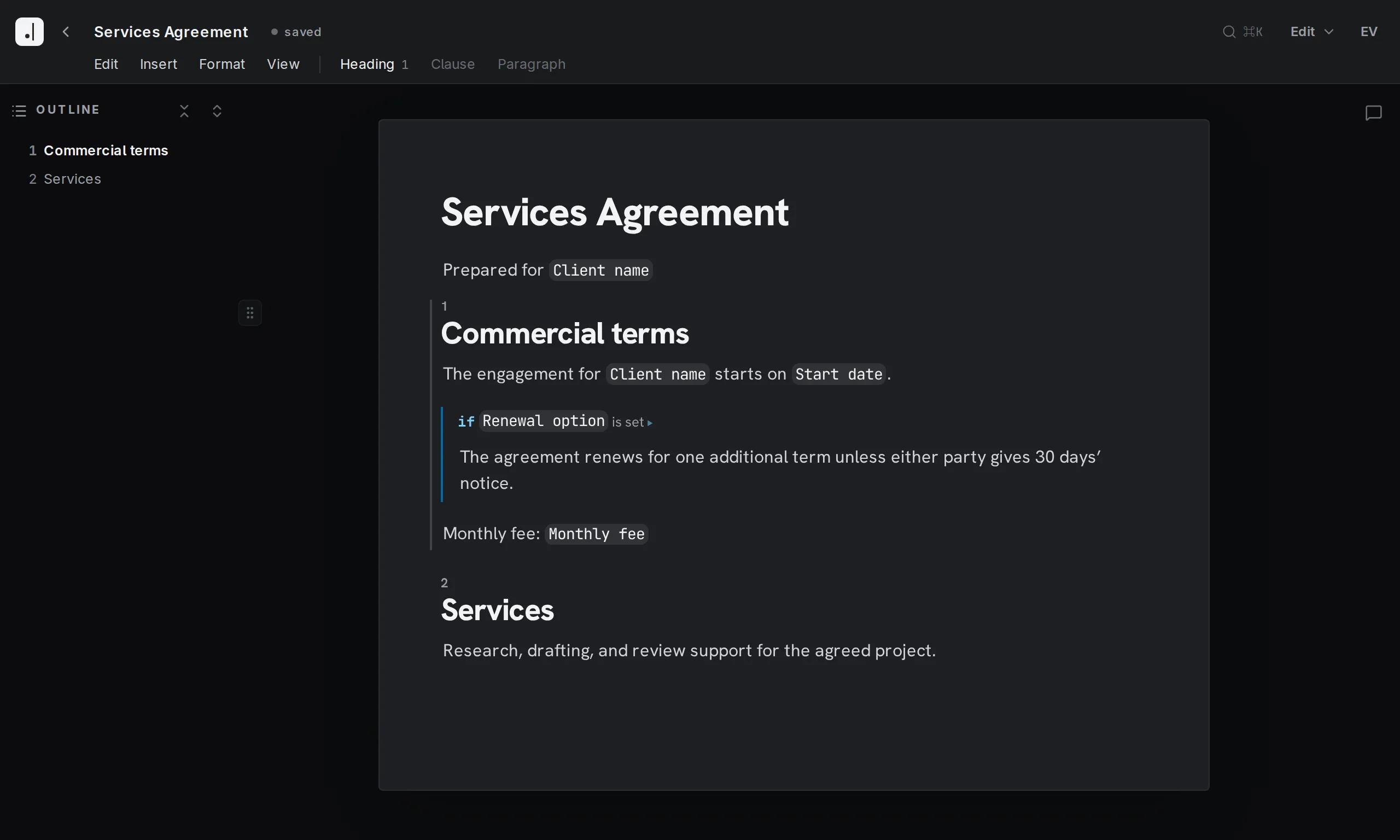 Final Wording editor · variable placeholders and an IF rule controlling a renewal clause