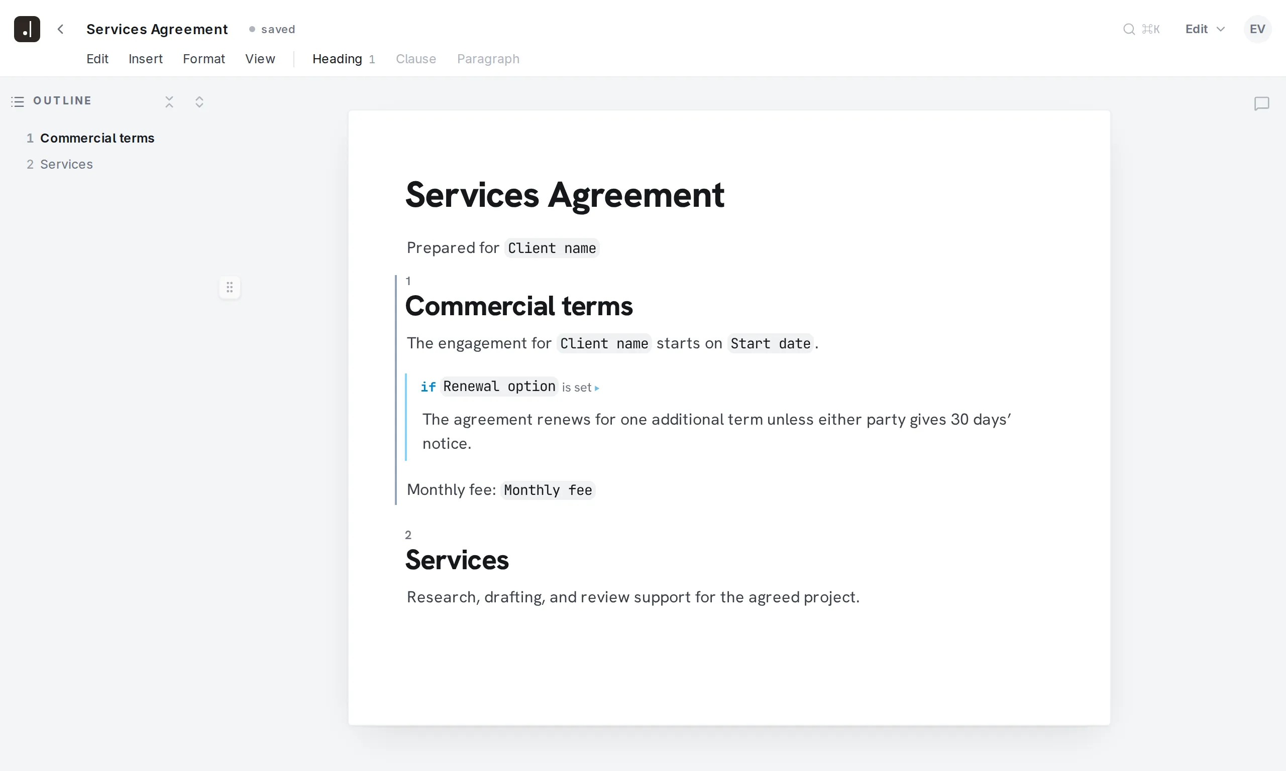Final Wording editor · variable placeholders and an IF rule controlling a renewal clause