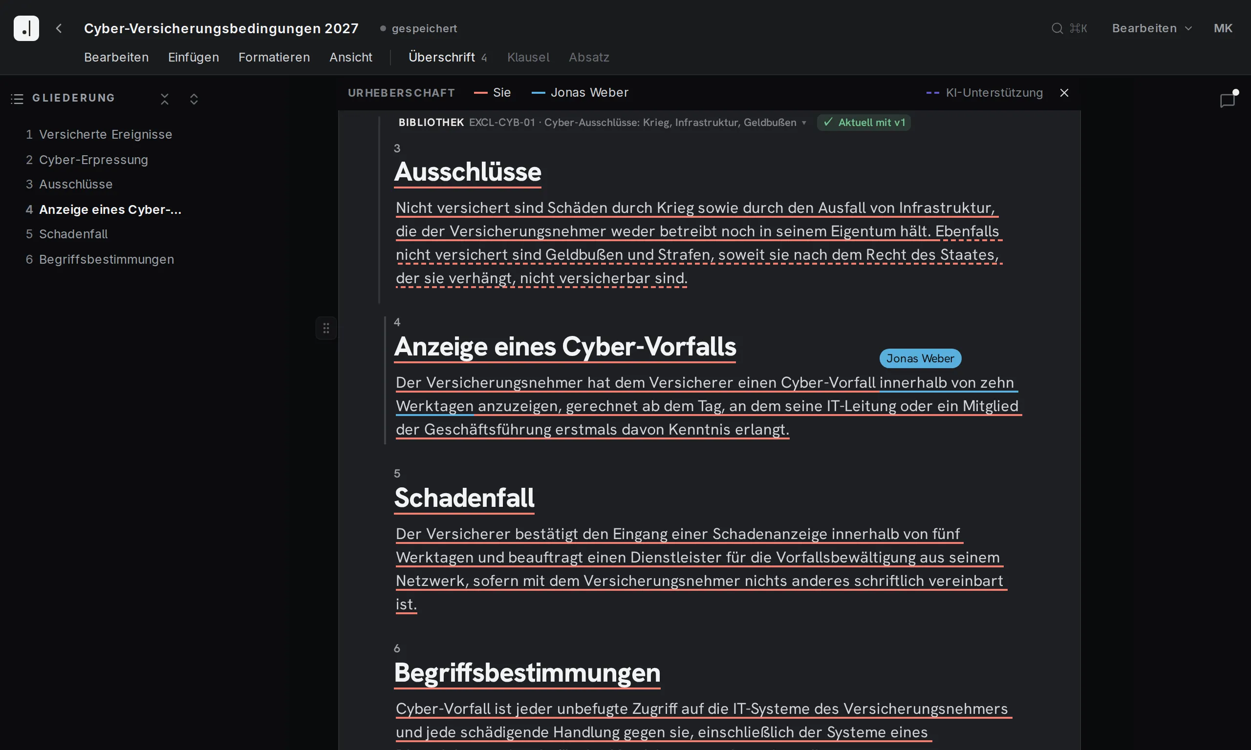 Editor von Final Wording mit eingeschalteter Urheberschaft: jede Passage in der Farbe ihres Verfassers unterstrichen, die Sprechblase benennt den Verfasser.