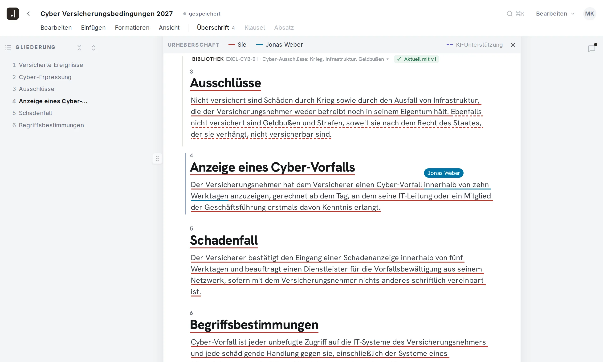 Editor von Final Wording mit eingeschalteter Urheberschaft: jede Passage in der Farbe ihres Verfassers unterstrichen, die Sprechblase benennt den Verfasser.