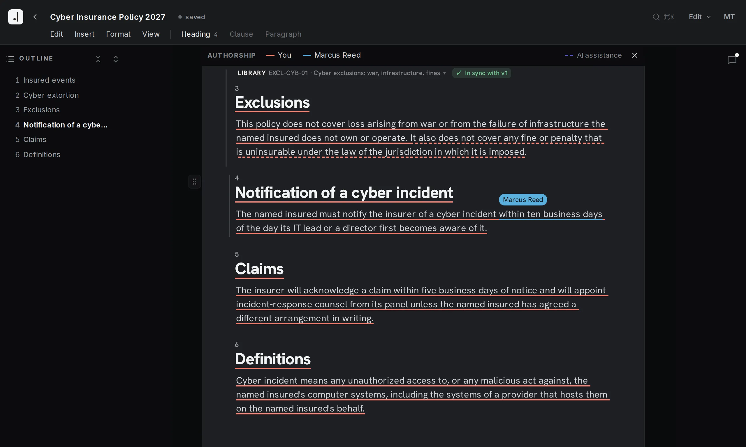 The Final Wording editor with authorship switched on: each passage underlined in its author's colour, the hover pill naming the underwriter.