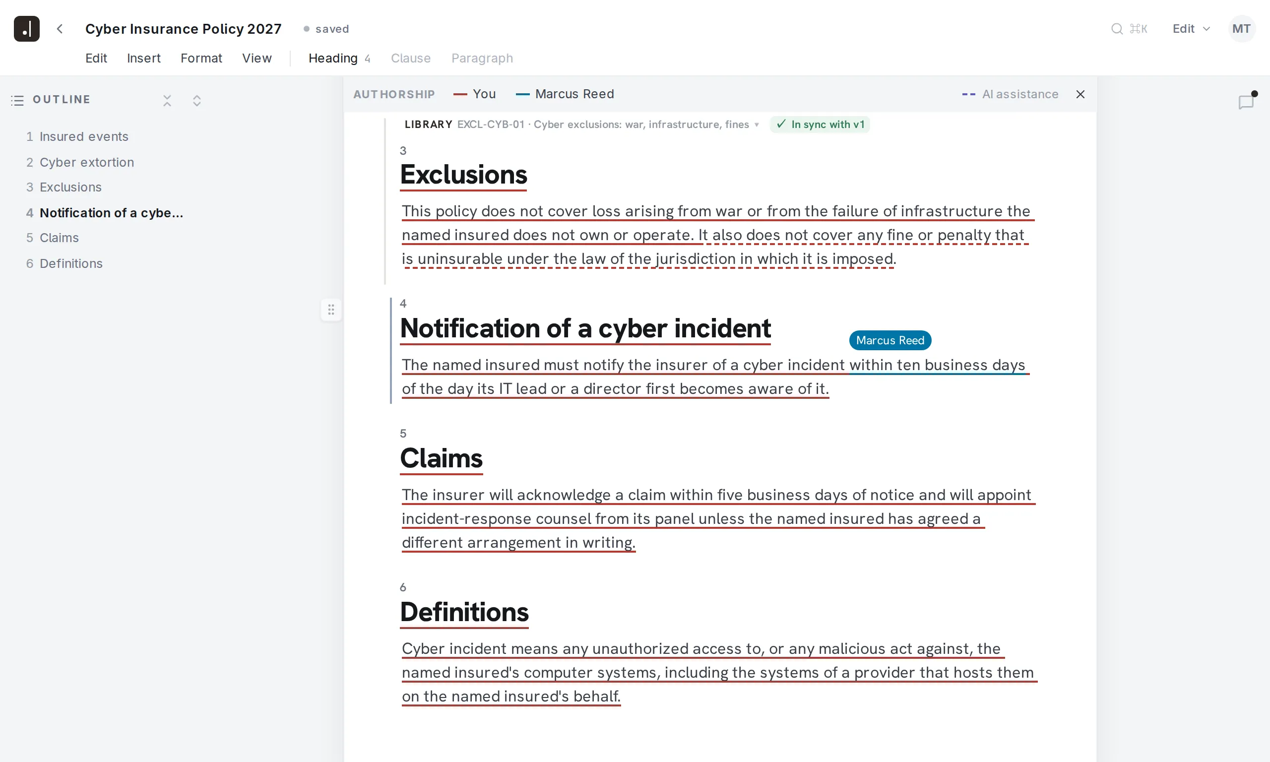 The Final Wording editor with authorship switched on: each passage underlined in its author's colour, the hover pill naming the underwriter.