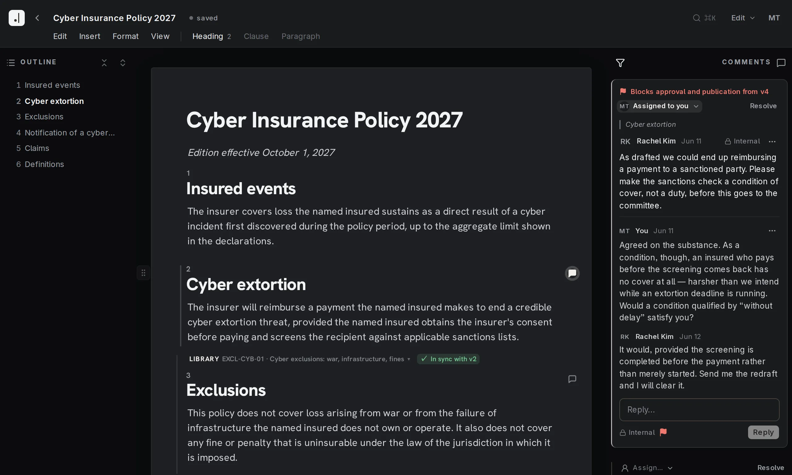 Final Wording editor showing the Cyber Insurance Policy 2027 of Avenridge Insurance with the comments panel open: an internal, blocking comment by compliance counsel Rachel Kim on the extortion-payment condition, assigned to the signed-in product counsel.