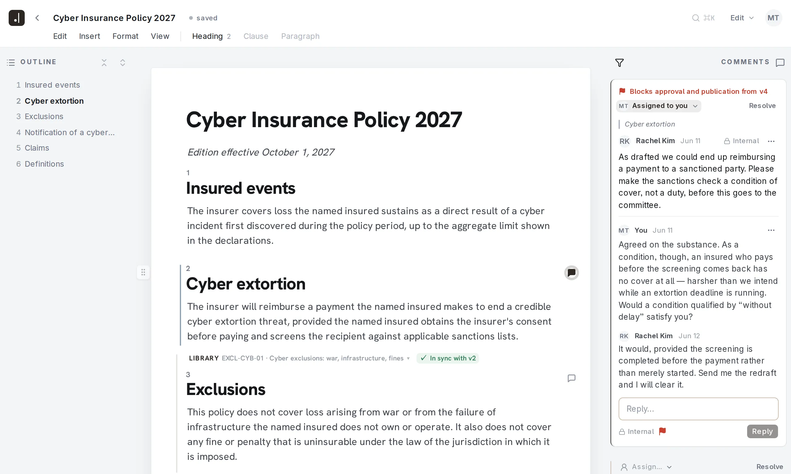 Final Wording editor showing the Cyber Insurance Policy 2027 of Avenridge Insurance with the comments panel open: an internal, blocking comment by compliance counsel Rachel Kim on the extortion-payment condition, assigned to the signed-in product counsel.