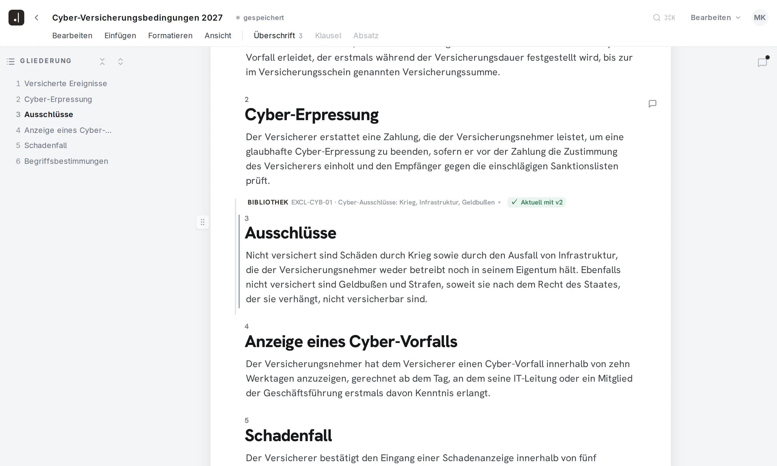 Editor von Final Wording mit den Cyber-Versicherungsbedingungen 2027 der Varenberg Versicherungen. Über der Klausel „Ausschlüsse“ steht die Kennzeichnung „Bibliothek EXCL-CYB-01 · Cyber-Ausschlüsse: Krieg, Infrastruktur, Geldbußen“ mit dem Hinweis „Aktuell mit v2“.