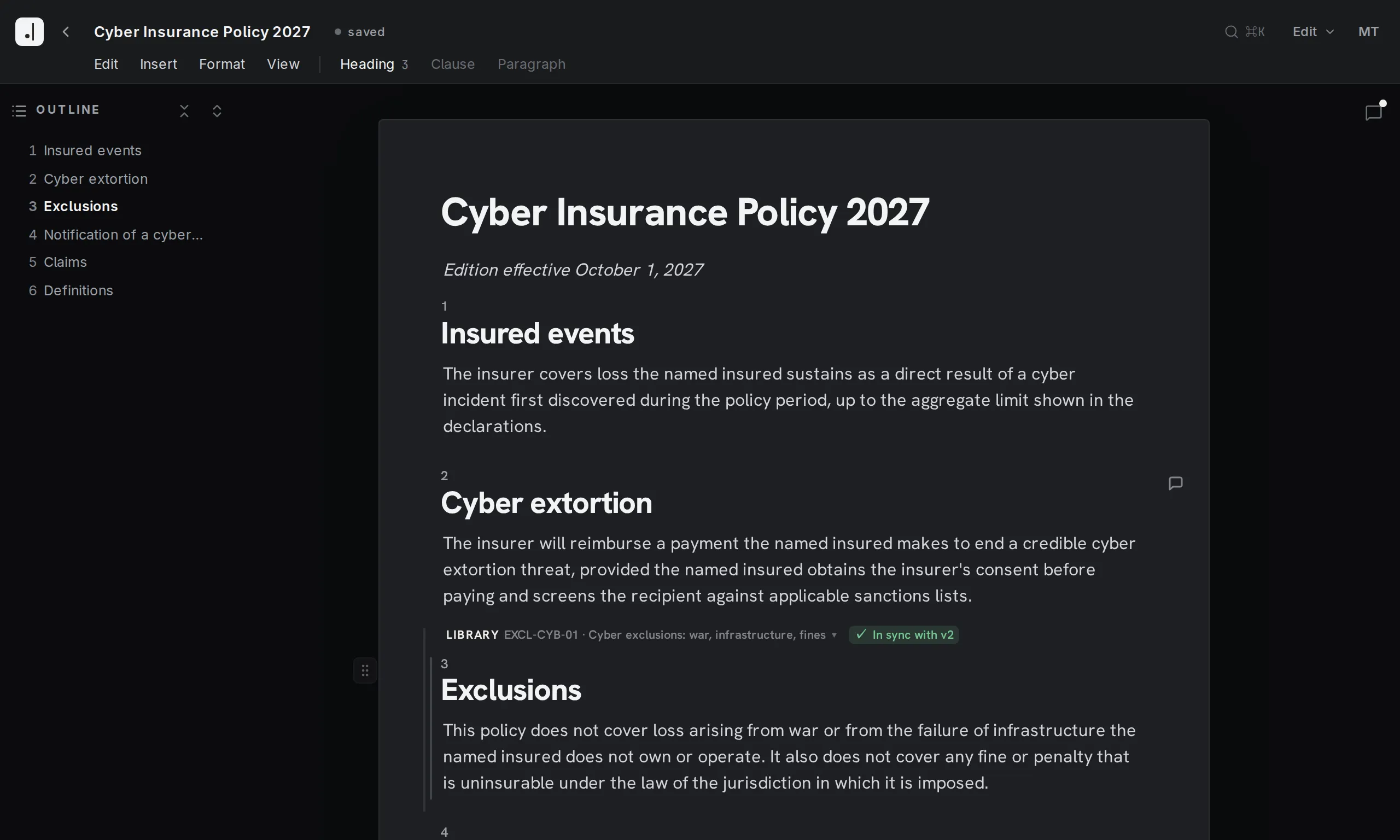 Final Wording editor showing the Cyber Insurance Policy 2027 of Avenridge Insurance with clause 3, Exclusions, marked as the library wording EXCL-CYB-01 in version 1, reading like the clauses around it.