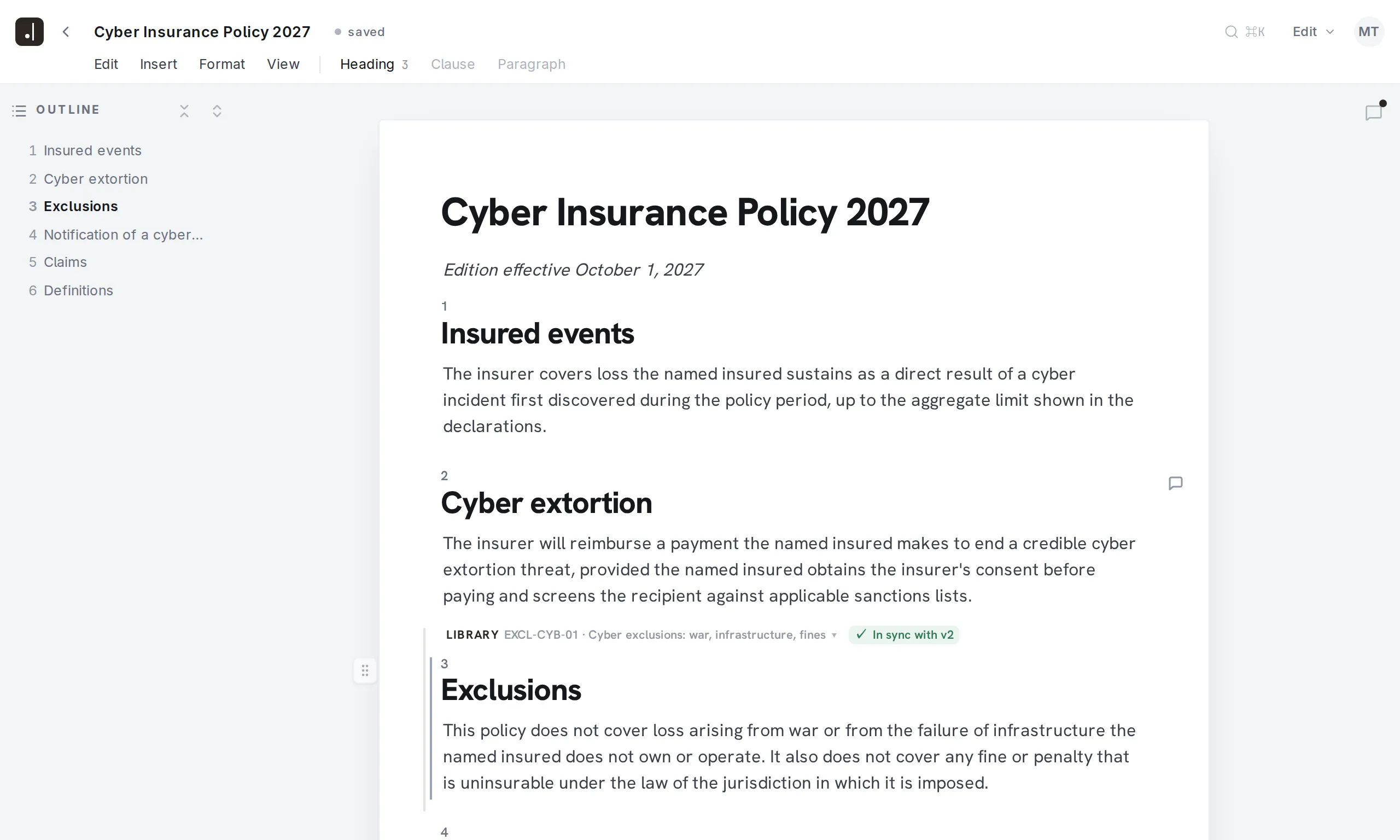 Final Wording editor showing the Cyber Insurance Policy 2027 of Avenridge Insurance with clause 3, Exclusions, marked as the library wording EXCL-CYB-01 in version 1, reading like the clauses around it.